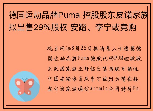 德国运动品牌Puma 控股股东皮诺家族拟出售29%股权 安踏、李宁或竞购