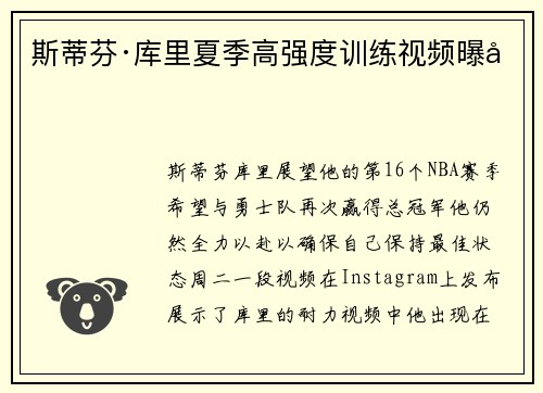 斯蒂芬·库里夏季高强度训练视频曝光